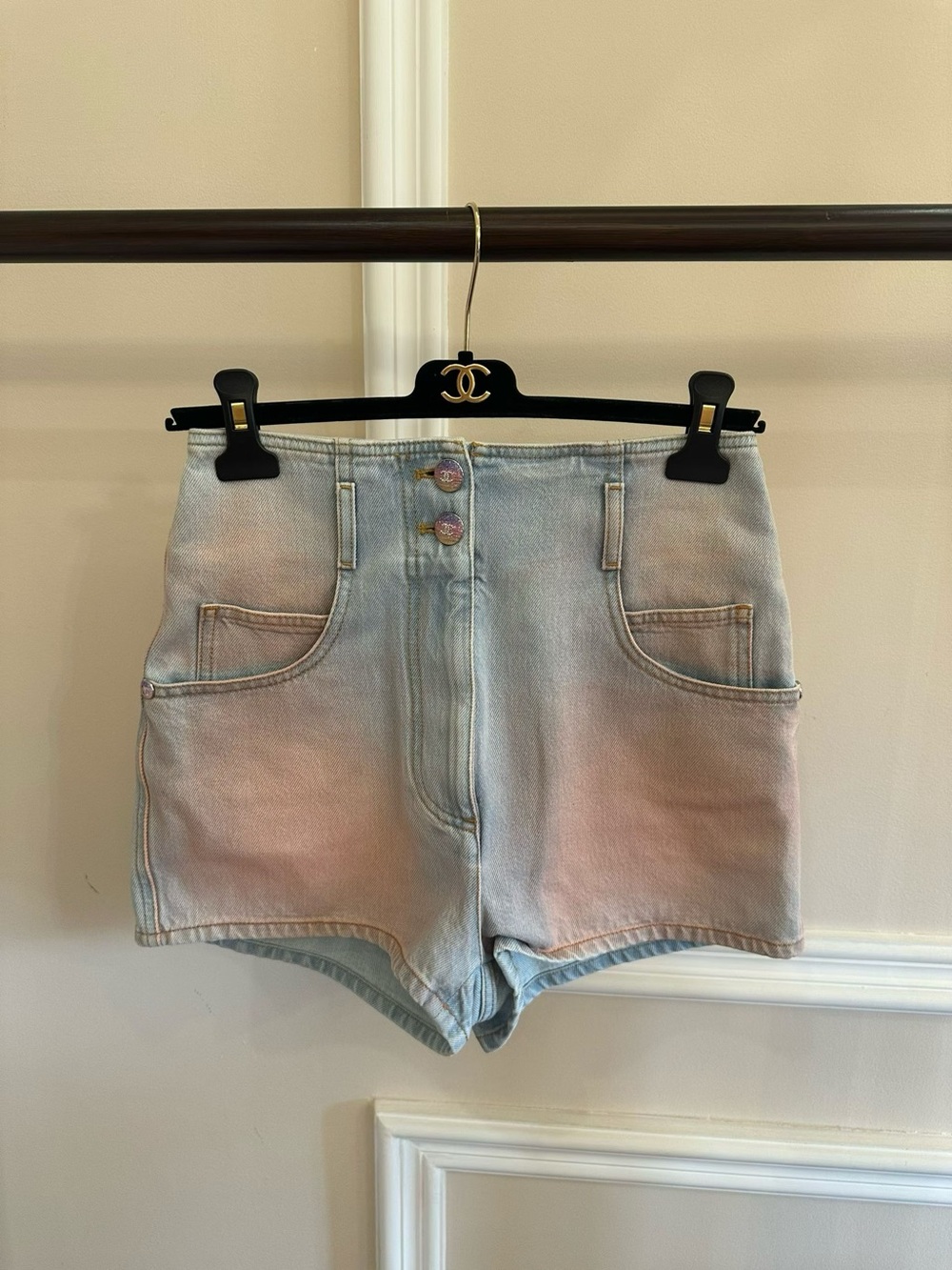 CHANEL Pastel Pink and Blue High-Rise Denim Shorts